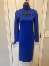 Forever 21 Royal Blue Knit Stretch Cutout Bodycon Dress Size M Long Sleeves