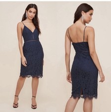 ASTR Lace Lattice Inset Floral Blythe Plisse Formal Sheath Bodycon Dress Navy M