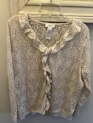 Jones New York Button Up Blouse Womens 1x Beige Long Sleeve Lace Ruffle EUC