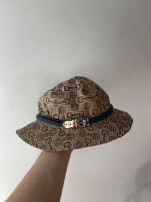 Vintage Gucci Beige GG Monogram Bucket Hat with Brown Leather Trim size O/S Gucci Vintage Horsebit Monogram Bucket Hat Canvas Brown  main image 2