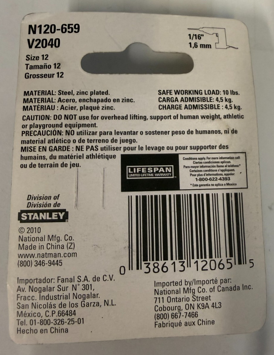 NATIONAL HARDWARE N120-659 #12 1-11/16" ZP CEILING HOOKS 8-PACK