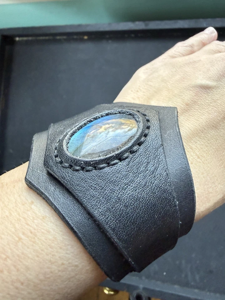 Leather Cuff Bracelet Labradorite Stone Big Cuff Bracelet Cosplay Jewel Handmade - Image 2 of 4