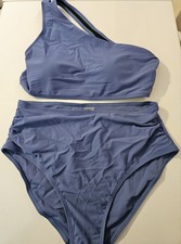 New Swimsuit Blue Women One Shoulder Top  High Waisted Bottom Bikini