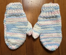 Vintage Knit Crochet Childrens Mitten Gloves Blue Pink White Handmade
