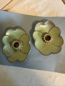 Vintage Frankoma Pottery Dogwood Candle Holders Green And Brown #300