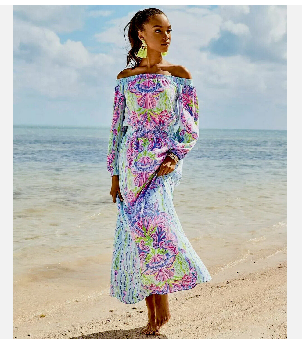 lilly pulitzer beach dress Womens Bria Off-The-Shoulder Maxi (Size XL) (Multi Sea Shellabration Engineered Woven Dress) 100% silk designer inspired Aritzia Women's Original Contour Size:17.5-XL