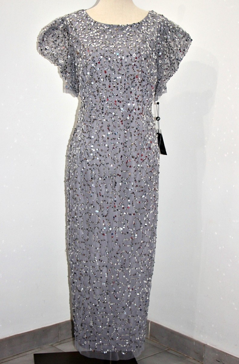 Adrianna Papell Sequin Beaded Puff Sleeve Side Slit Gown Silver Grey sz 14W  $329 | eBay