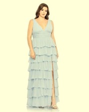 Mac Duggal Powder Blue Tiered Ruffle Sleeveless V-Neck Gown Size 14W $458