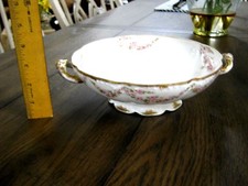 ELITE Limoges Vintage Footed Pedestal Handled Serving Bowl Rose Pattern w/Gold