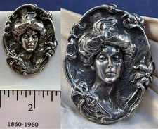 Antique Silver Repousse Victorian Gibson Girl Cameo Chatelaine Belt Purse Clip