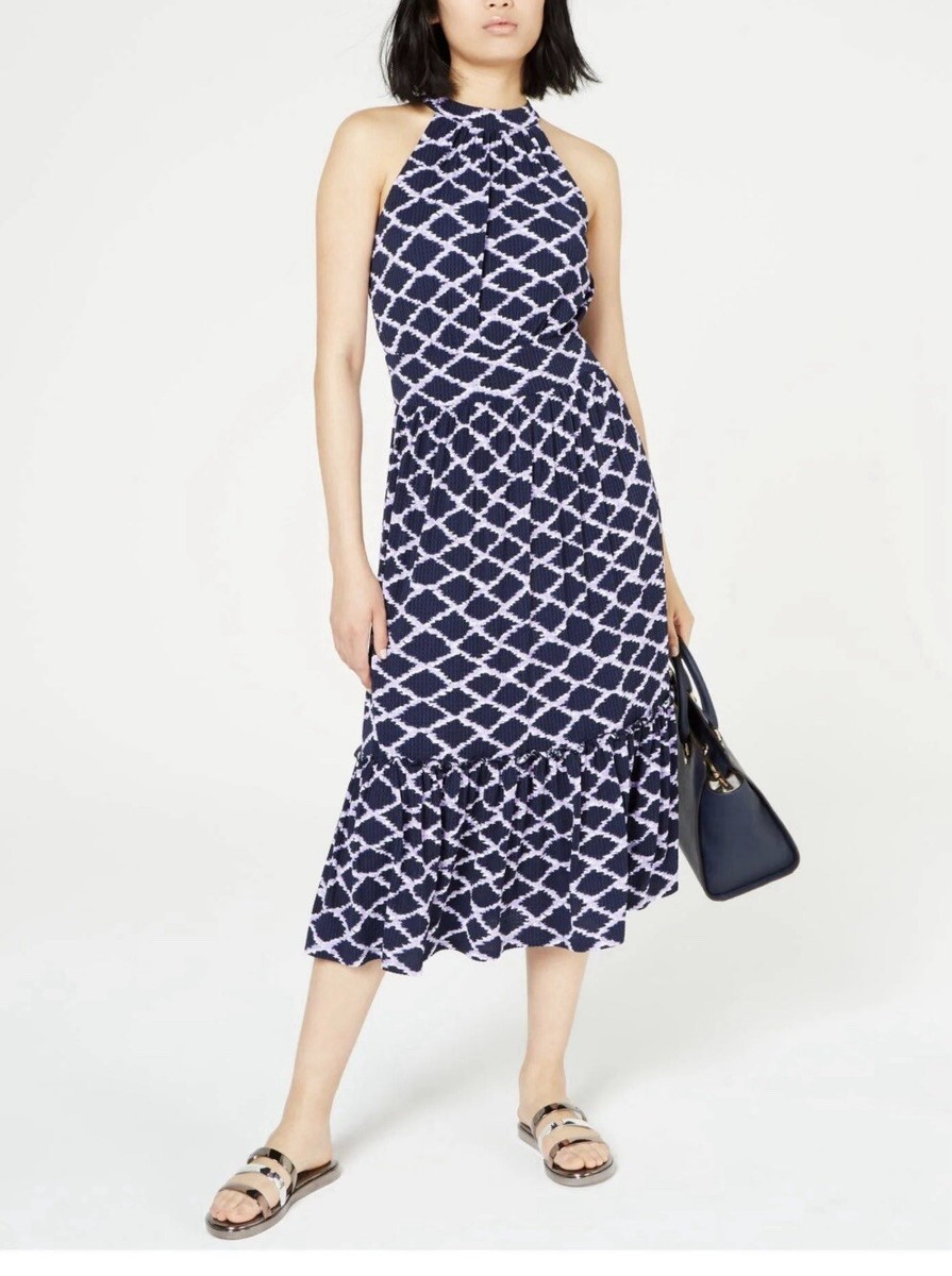 Michael Kors Jacquard Print Midi Halter Dress - Size Large - Navy Blue/ White | eBay Michael Kors Jacquard Print Midi Halter Dress - Size Large - Navy Blue/ White | eBay