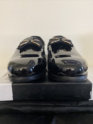NEW Moretti Black Label Black Patent Dress Shoes With Bow 