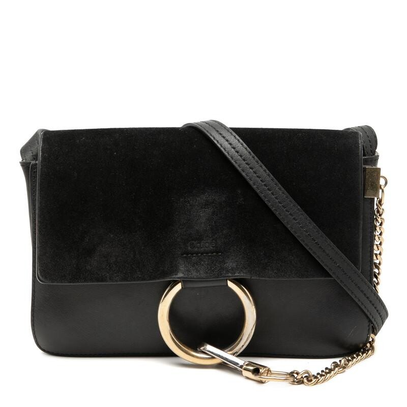 Chloe Faye Shoulder Bag Suede Leather Black Womens Crossbody Purse Gold Tone