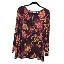 Susan Graver Top Size XLP Multicolor Liquid Knit Long Sleeves Modern Floral