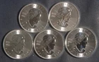 FIVE (5)  1 OZ .9999 SILVER  MAPLE LEAF COINS (2023)  LOT 170417