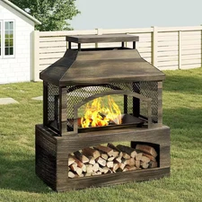 37 In. Steel Outdoor Wood Burning Fireplace with Wood Storage Rectangular Freest