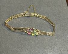 Vintage Rolled Gold Bracelet Rhinestone Flowers Safety Chain Push Clasp Costume