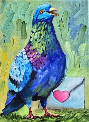 Taube Brief Herz Ölbild 18x24 cm Tiere Vögel Original Gemälde auf Leinwand - Bild 1 von 4