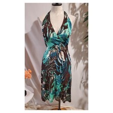 Vtg Y2K Karen Kane Tropical Floral Stretch Tieback Halter Dress Size M Travel
