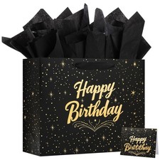 Large Happy Birthday Gift Bag with Tissue Paper and Greeting Card, Black Gift...