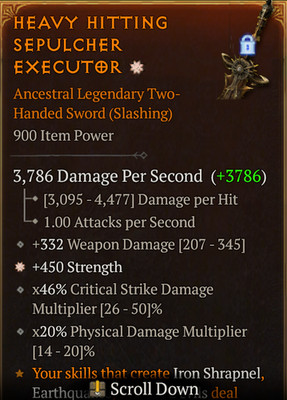  DIABLO 4 SEASON 13 LoH Two Handed Sword 1GA Str + CritDmg+PhysDmg+WD GGEX