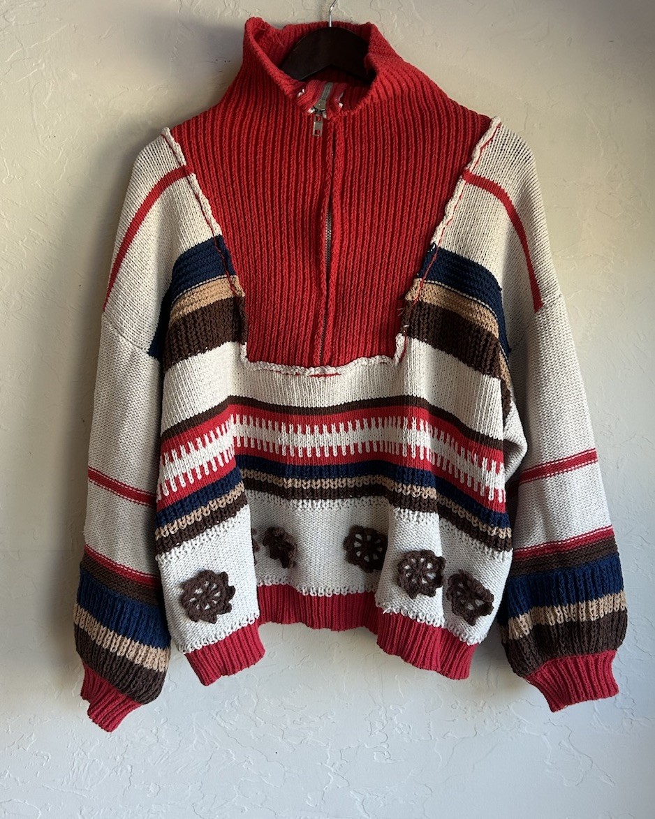 POL Half-Zip Patchwork Striped Sweater Pullover S… - image 2