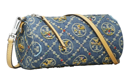 NWT TORY BURCH T Monogram Denim Embellished Cylinder Barrel Bag - Picture 1 of 4