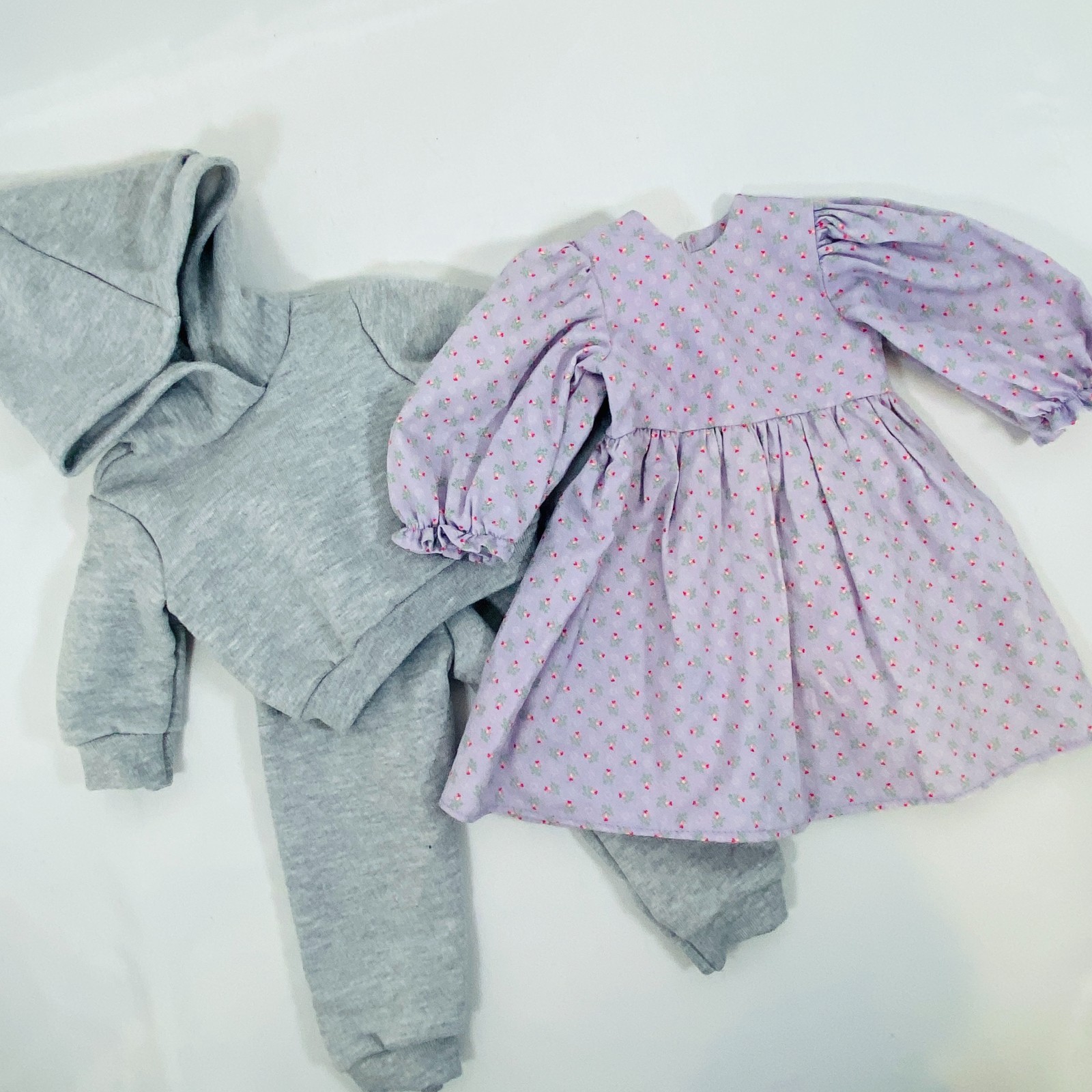 Handmade Purple Dress + Gray Sweatshirt & Pants Set for 18" 