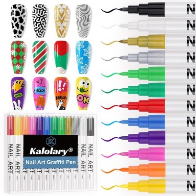 Kalolary 12-Color 3D Nail Art Pens Set 0.7mm Fine Tip Graffiti Dotting Drawing