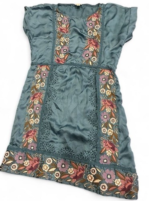 #ad Sundance Catalog Malika Dress Cupro Satin Embroidered Floral Teal Shift Size:M $55.00