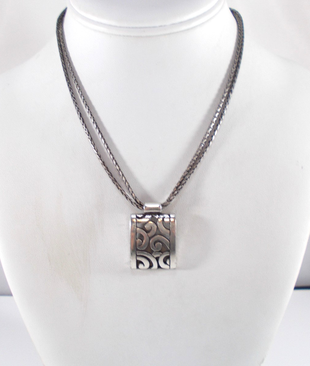 Brighton Silver Deco Lace Scroll Design Pendant Double Wheat Chain Necklace