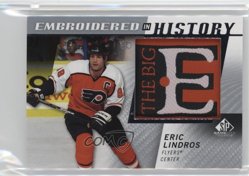 Eric Lindros #70 Hockey Cards 2021 SP Game Used Embroidered in History trading card — raw and PSA graded price guide