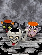 2002 Dept 56 Google Eye Halloween Mugs. Skull CAT AND DRACULA!