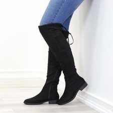Black Suede Over the Knee Boots Low Heel Tie Back Detail