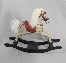 Vintage Wooden Painted Rocking Horse With Fur Mane And Tail Leather Ears