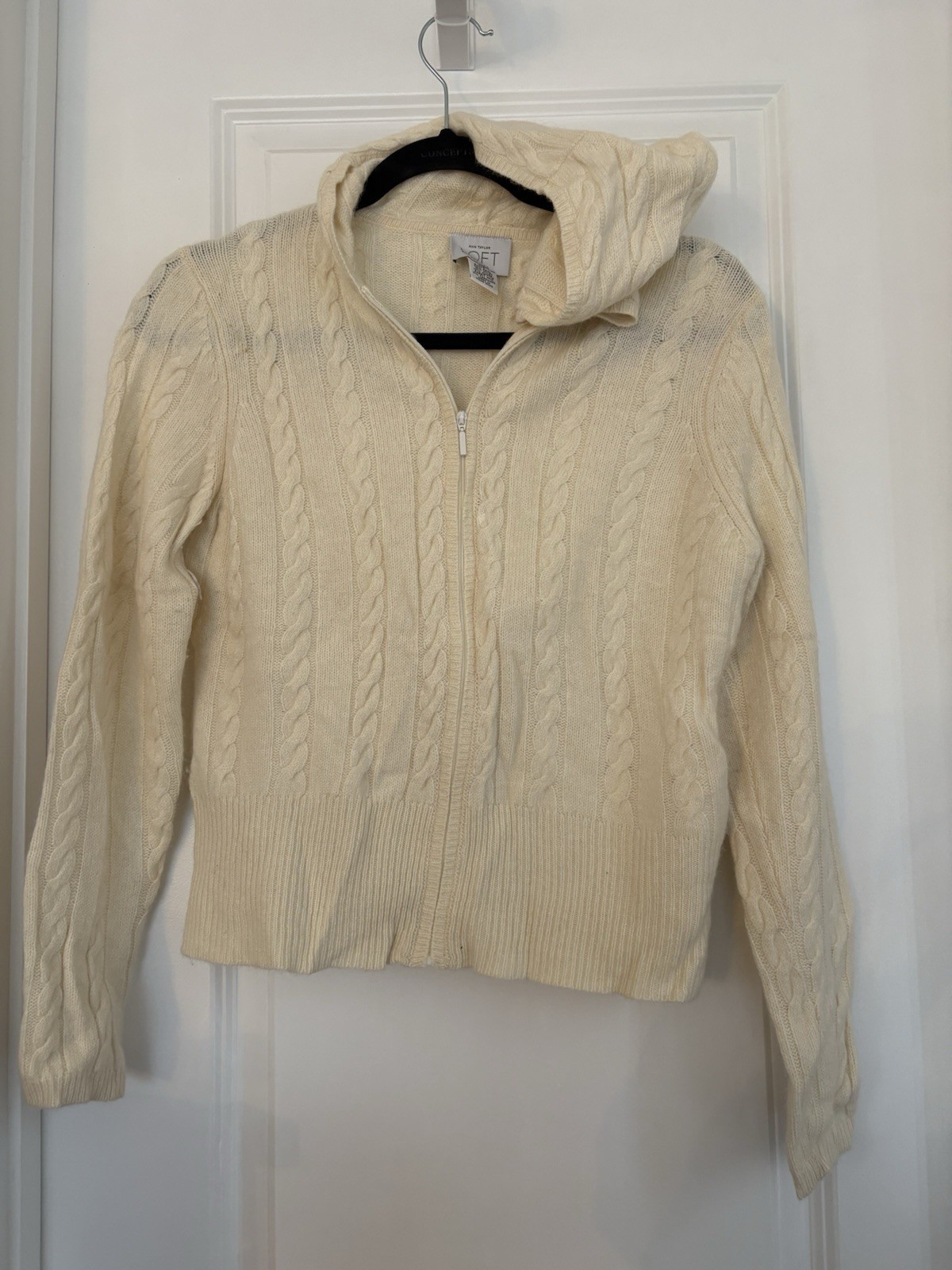 Ann Taylor LOFT MP Ivory Cable Knit Full Zip Hoodie Wool Angora Cashmere