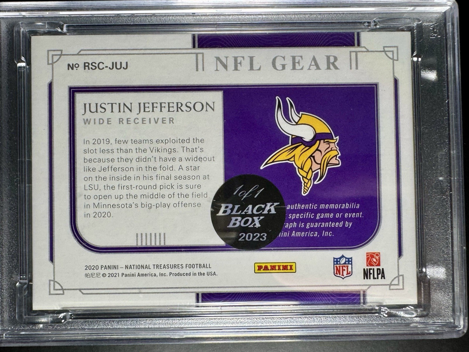 Panini 2020 National Treasures Justin Jefferson Vikings RC Auto Patch PSA 9 1/1 view 2
