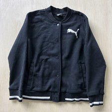 Puma Jacket Kids Medium Black Fleece Bomber Snap Front Varsity Logo Pockets