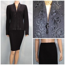 St John Evening Black Jacket Skirt 10 8 2pc Suit Sequined Embroidery Trim Zipper