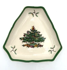 Vintage (1987) Spode Christmas Tree - Green Trim Triangular Tray, 5.25"