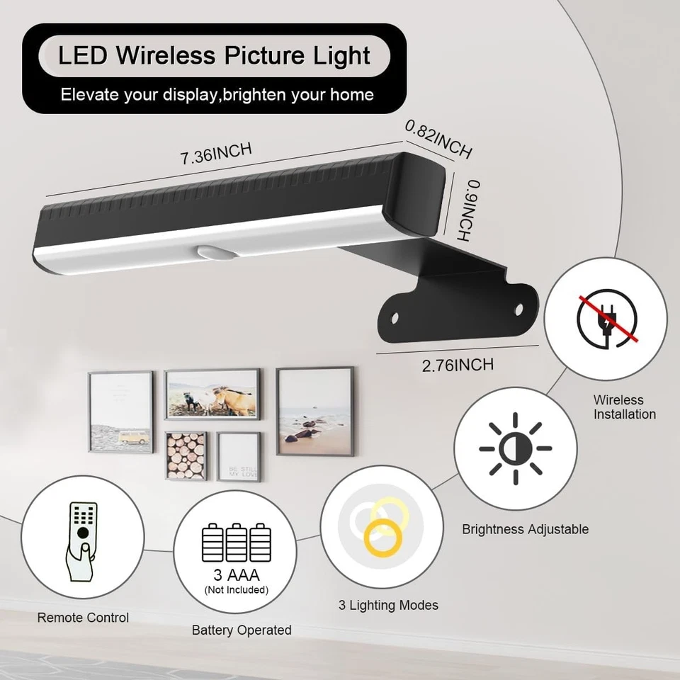 LED Battery Operated Wall Light for Paintings,Wireless Dimmable Frame Light wit - Image 4 of 4