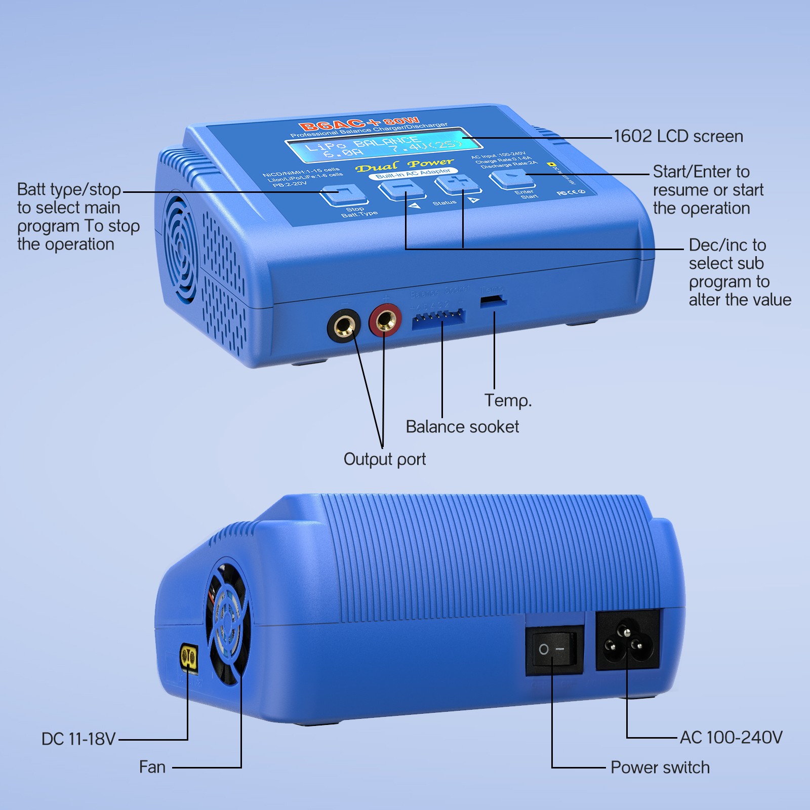 B6AC 80W Lipo Battery Balance Charger 6Amp Discharger, RC Hobby Battery Charger