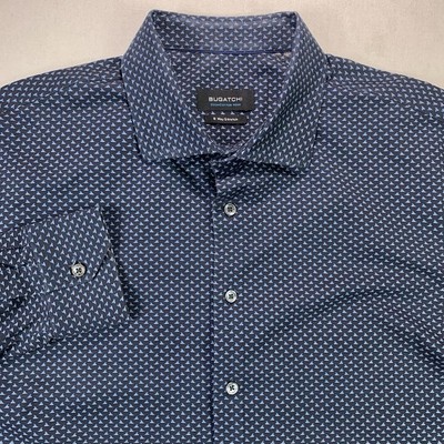 Bugatchi Shirt Mens 2XL Blue 8 Way Stretch Long Sleeve Button Polycotton