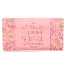 Checkbook Cover for Women & Men ?All Things Through Christ? Christian Pink