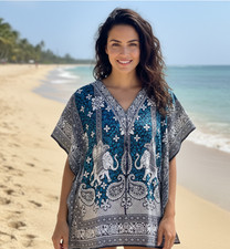 Short Kaftan Elephant Print Polyester Multicolor Boho Kimono Hippie Caftan L-34"