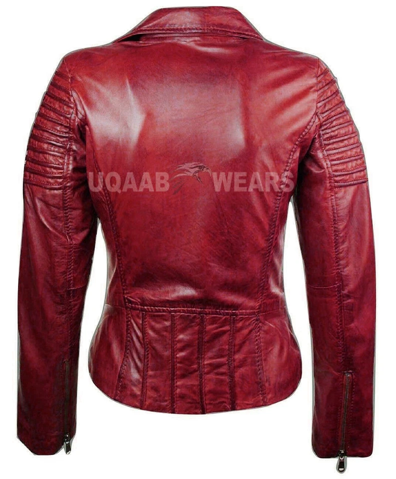 Womens Vintage Fashion Slim Fitted Soft Real Leather Ladies Casual Biker Jacket - Image 4 of 4