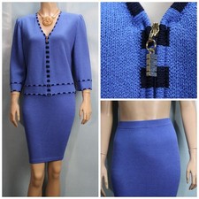 St. John Collection Knits Blue Jacket Skirt L 12 10 2pc Suit Black Trim Zipped