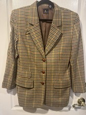 Vintage LIZSPORT Tweed Houndstooth Wool Blend Blazer Size 8 Leather Buttons