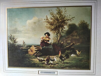 WILHELM ALEXANDER MEYERHEIM Scena campestre con galli Art Print Mounted 51x41cms