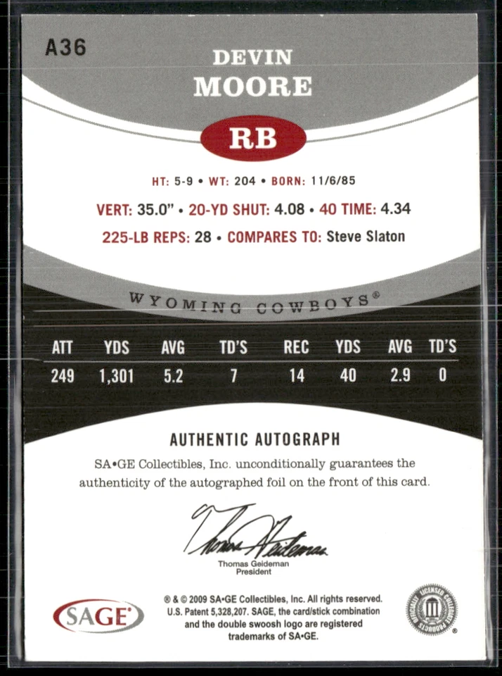 Devin Moore 2009 Sage Hit Auto 235/400 - Image 2 of 2